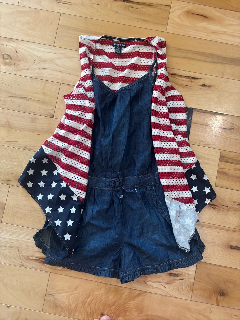 Limited Too Denim Romper with Red White and Blue Star Striped Vest
